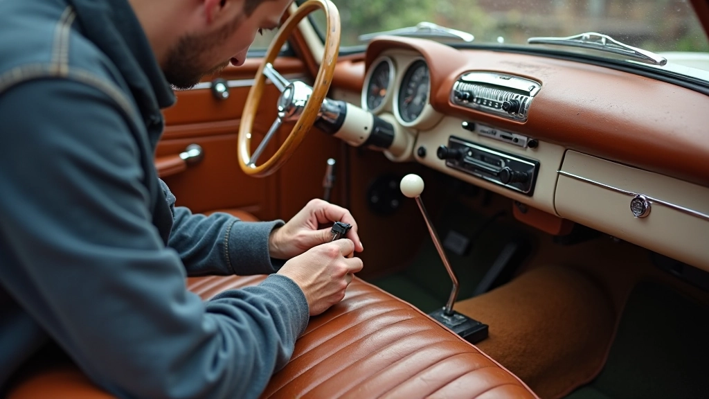 Klassikalise auto interjöör restaureerimise ajal, nahkvoolium ja detailid, käsitöö