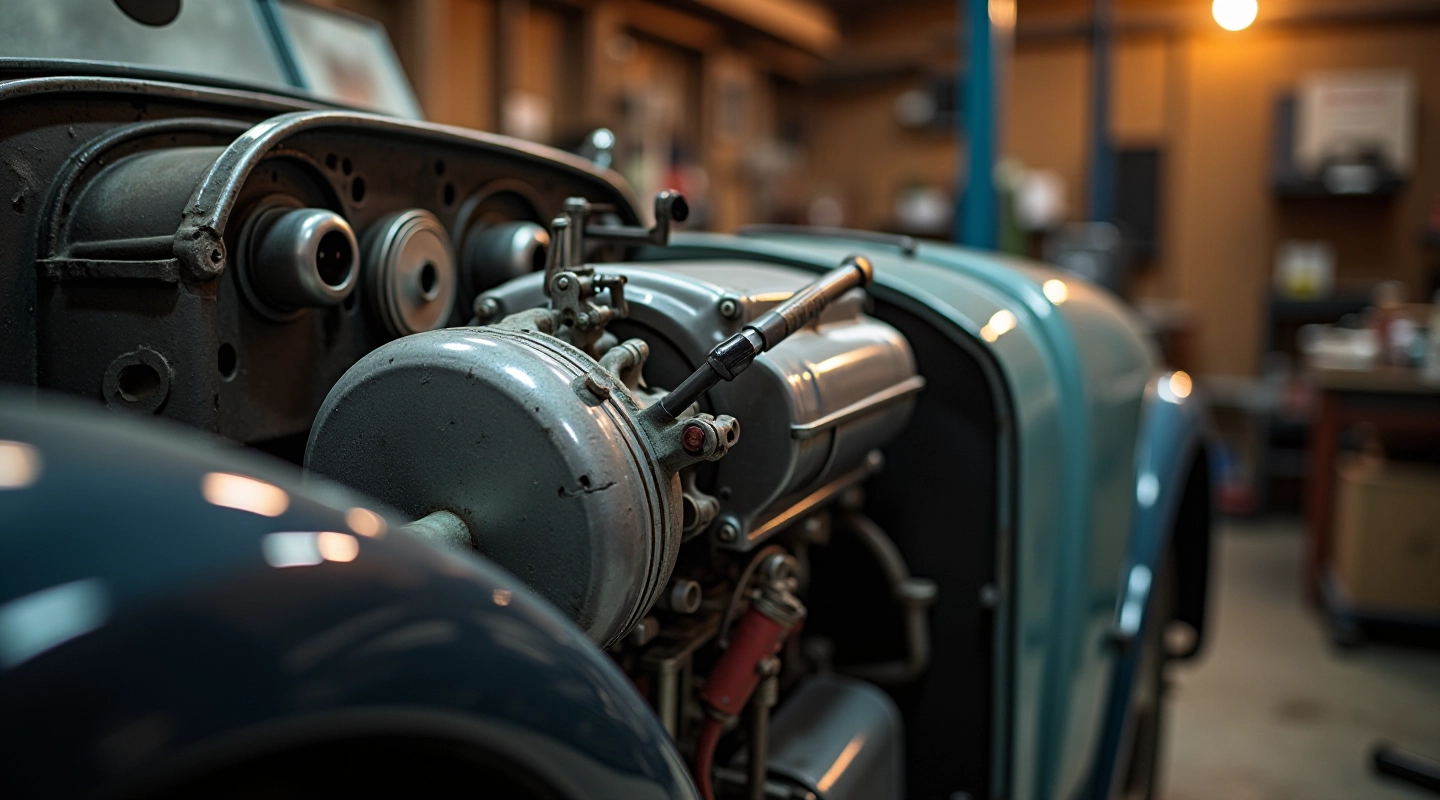 Klassikaline retro auto restaureerimise töötoas, detailne vaade restaureerimisprotsessist ja mehaanilistest osadest